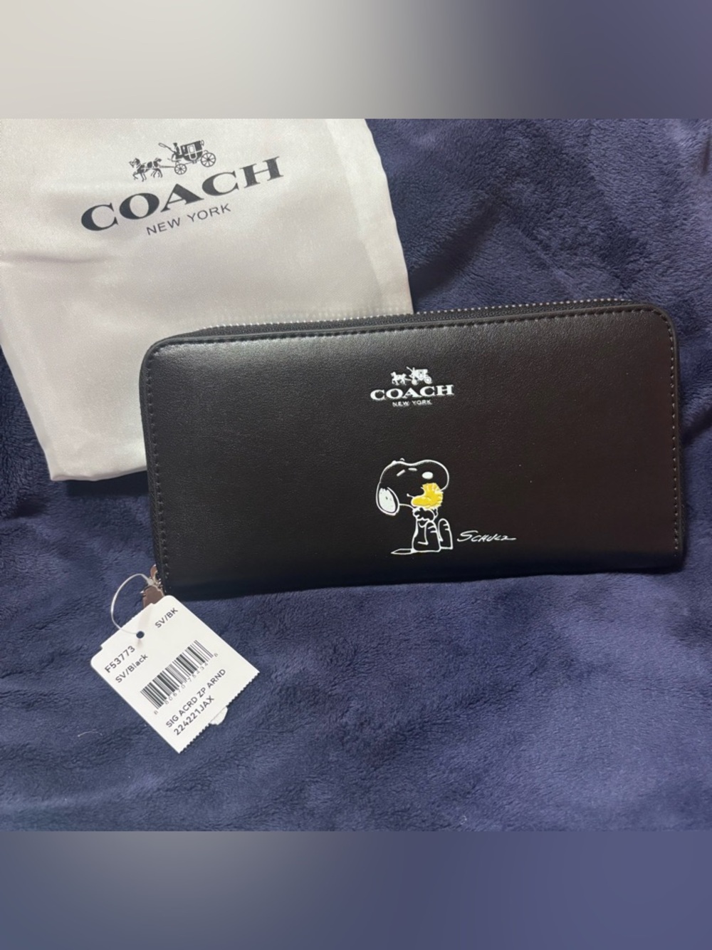 NWT COACH x PEANUTS Long Wallet Snoopy Woodstock Leather Zip Black